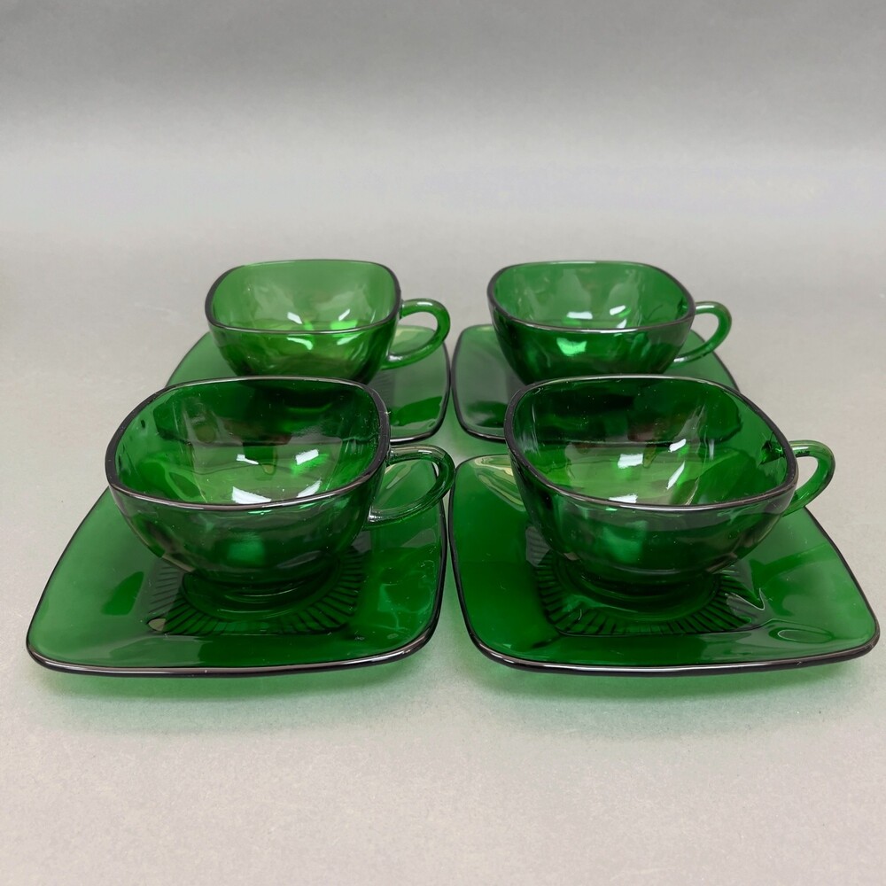 Fire King Anchor Hocking Square Cup & Saucers‎ Charm Forest Green Glass Lot of 8